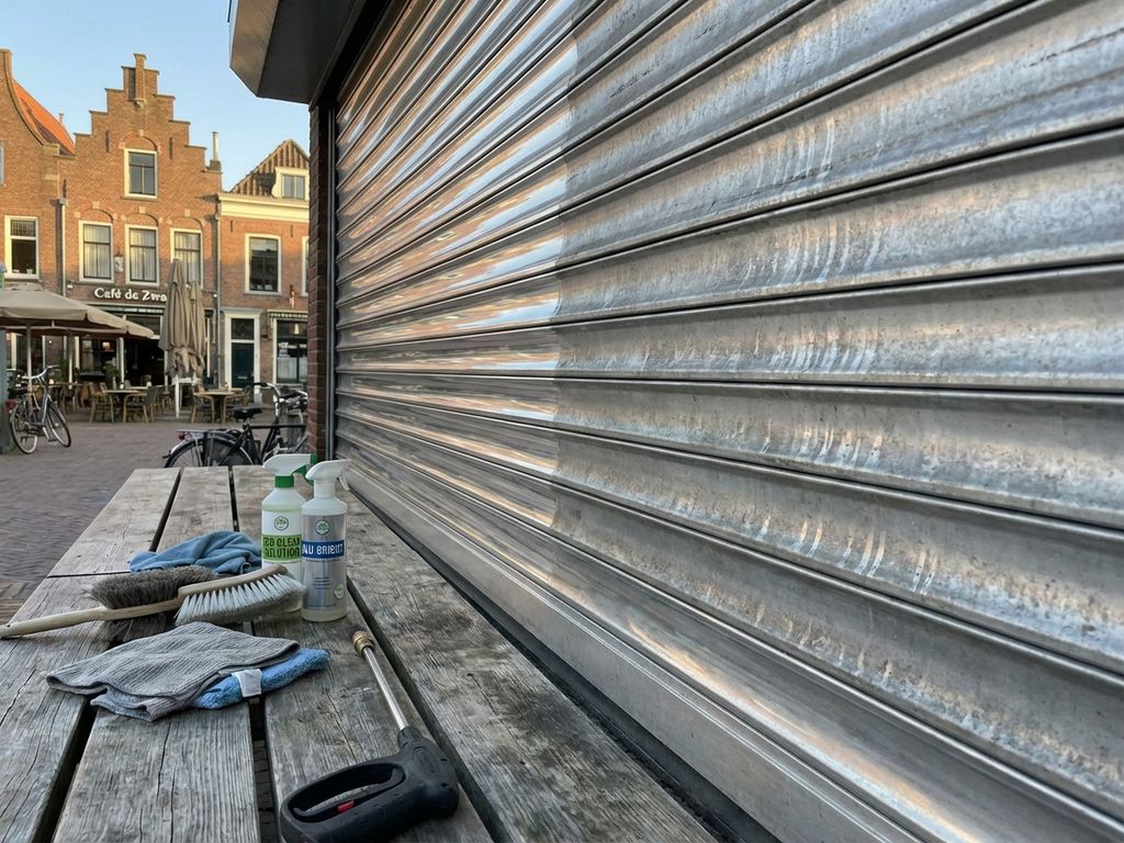 Aluminium rolluiklamellen op Nederlands restaurantterras, half schoon half verweerd, met professionele schoonmaakapparatuur
