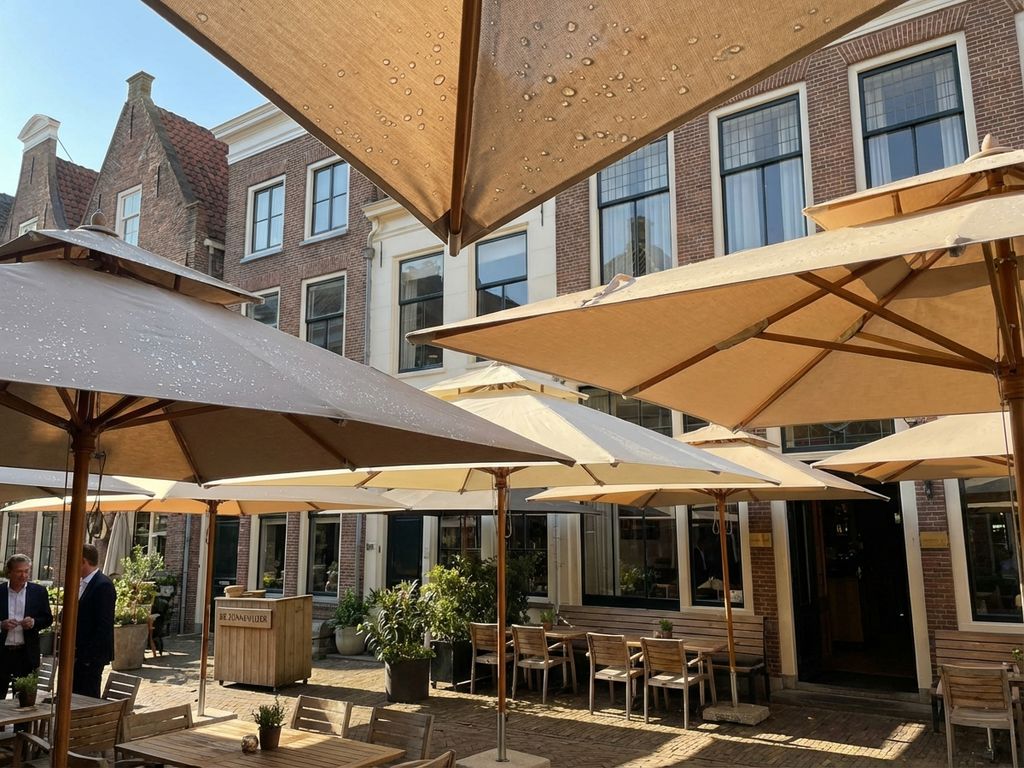 Waterafstotende parasols op Nederlands restaurantterras met druppels op beige doek, houten meubilair en bakstenen gebouwen