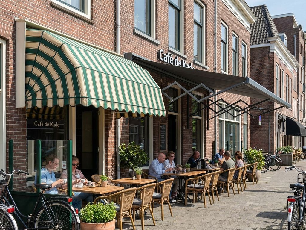 Nederlandse restaurantterras met vaste zonnescherm en uitklapbare knikarmscherm naast elkaar op bakstenen gebouw