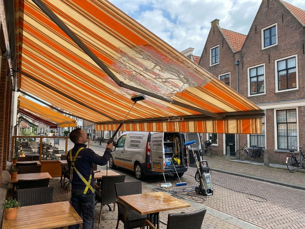 Professionele reiniging van knikarmscherm op Nederlands restaurantterras met gespecialiseerde apparatuur en milieuvriendelijk schuim