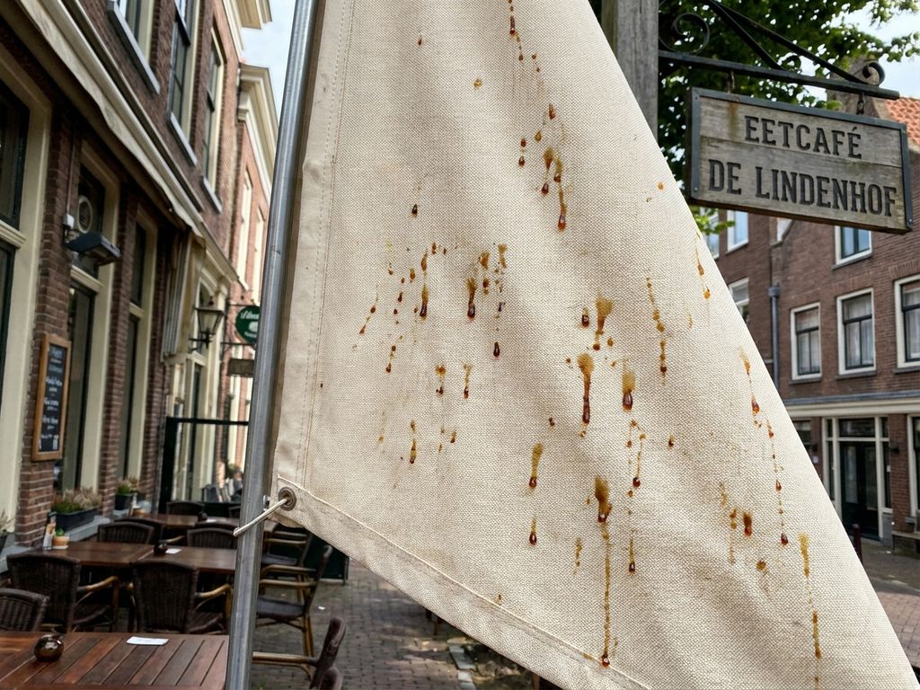Crèmekleurige luifel met boomhars vlekken boven restaurant terras in Nederland, voor professionele reiniging
