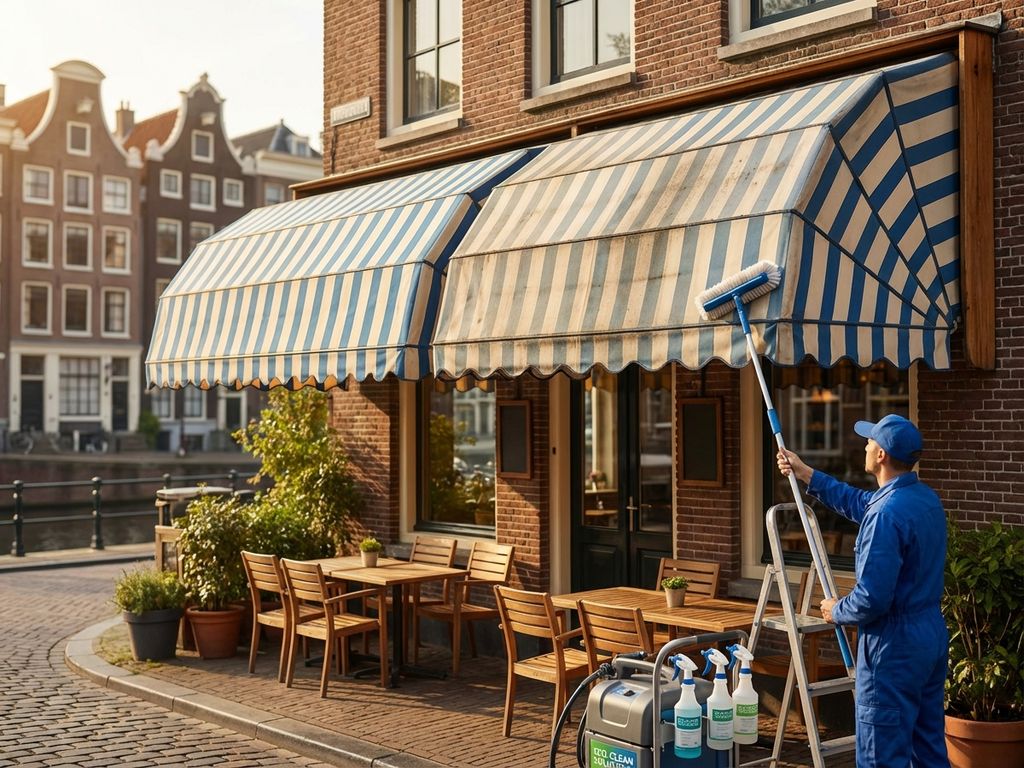 Houten luifel boven Nederlands restaurant terras tijdens professionele reiniging met zachte borstels en milieuvriendelijke middelen