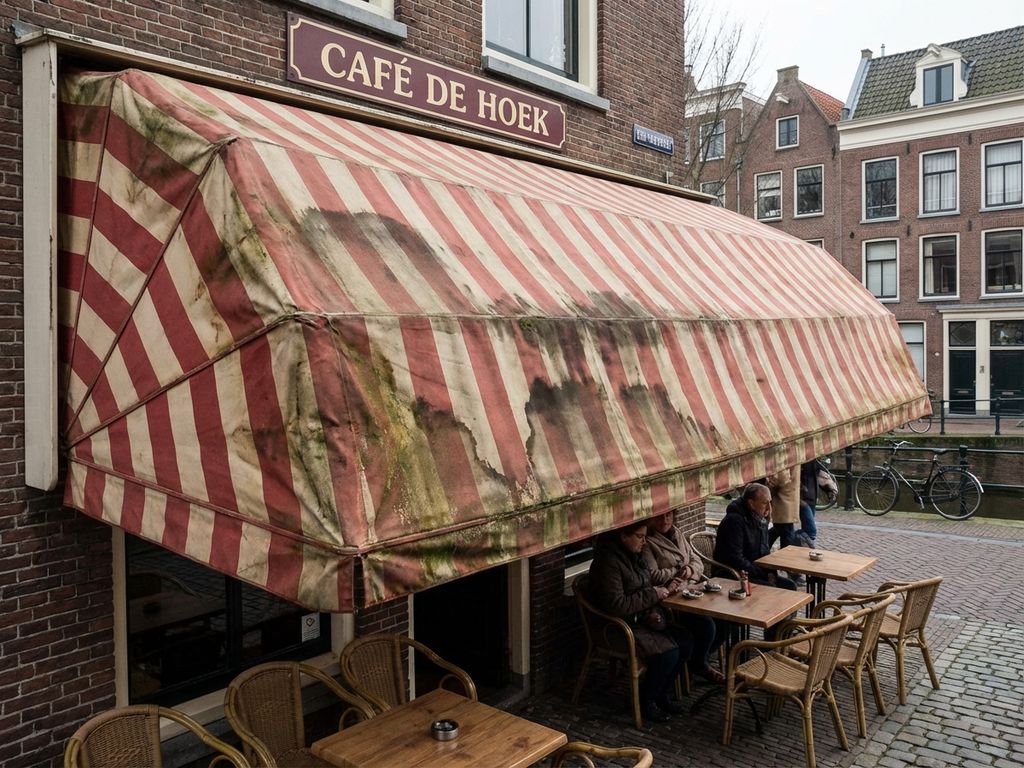 Verweerde canvas luifel met vlekken boven restaurantterras in Nederland, toont veroudering en reinigingsmogelijkheden