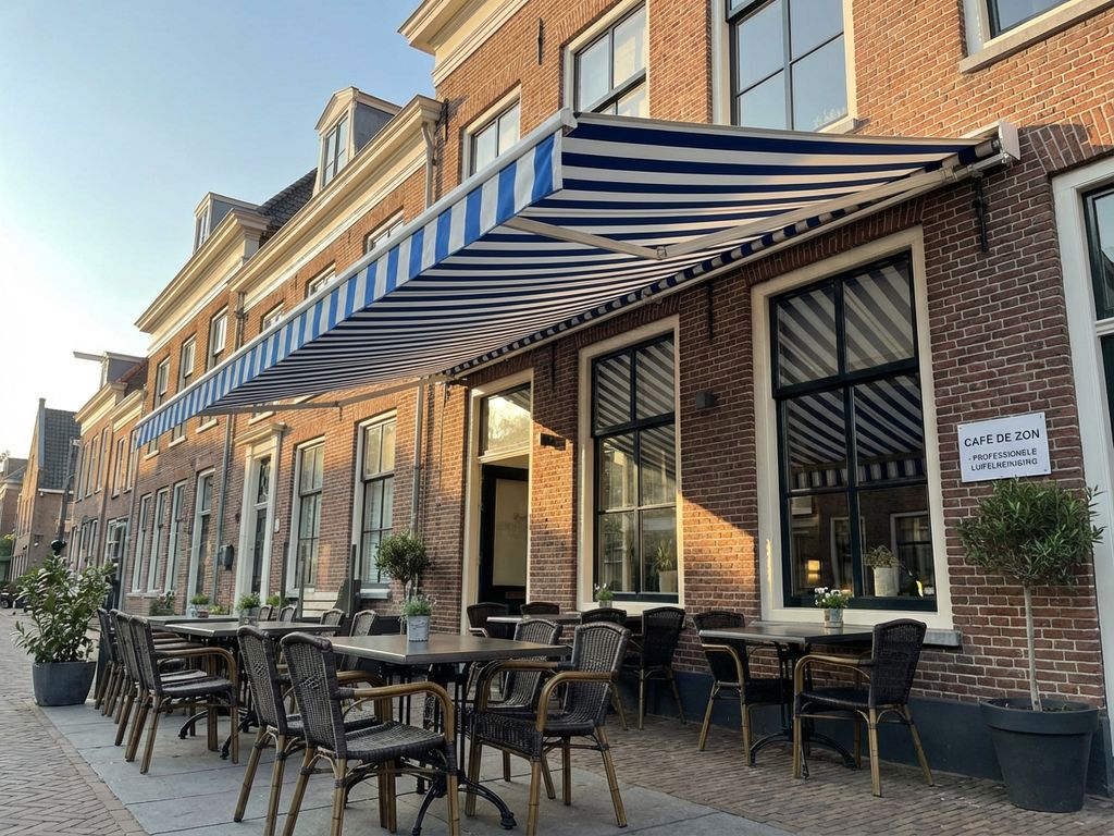 Schoon wit-blauw gestreept zonnescherm boven restaurantterras in Nederland na professionele reiniging