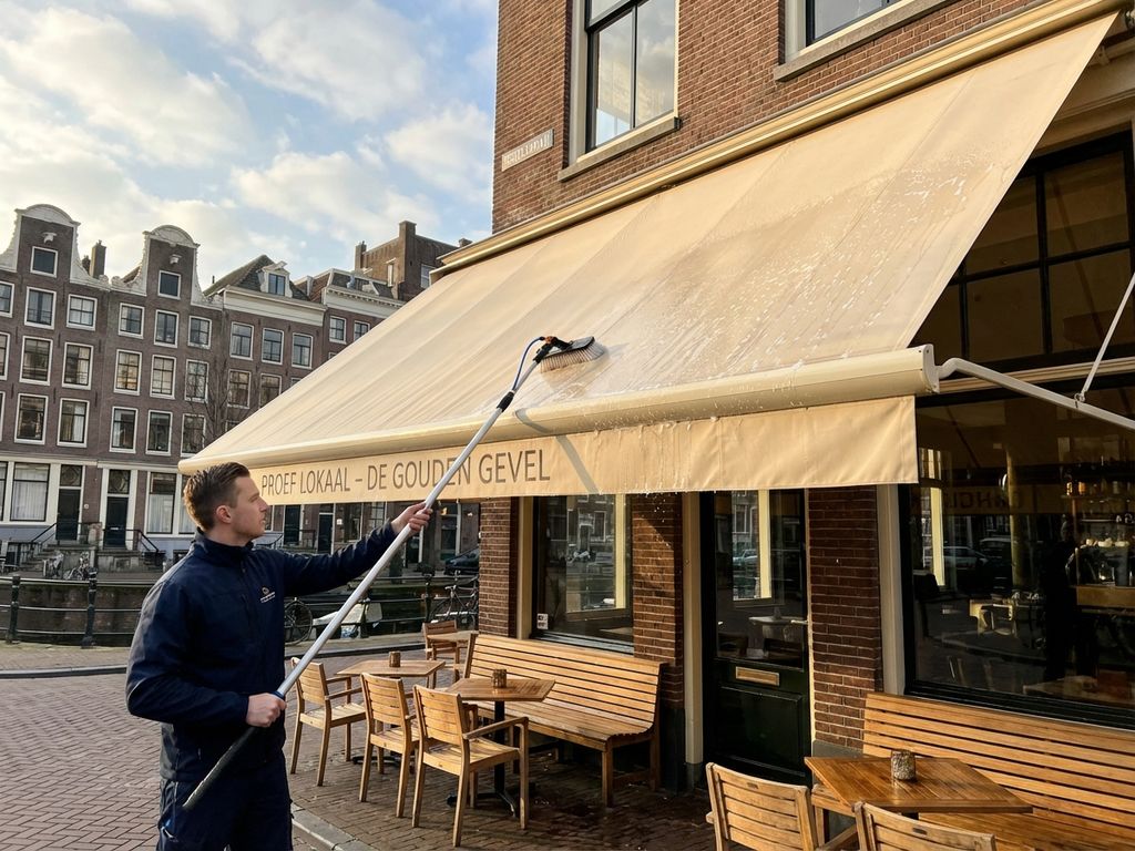 Professionele reiniging van commerciële luifel bij Nederlands restaurant terras met bakstenen architectuur