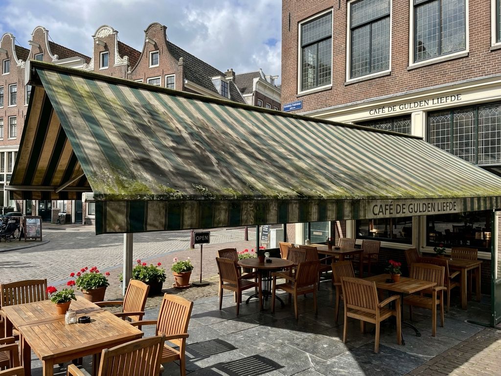 Vuil terrasscherm met vlekken en mos boven restaurant terras met Nederlandse bakstenen gebouwen op achtergrond
