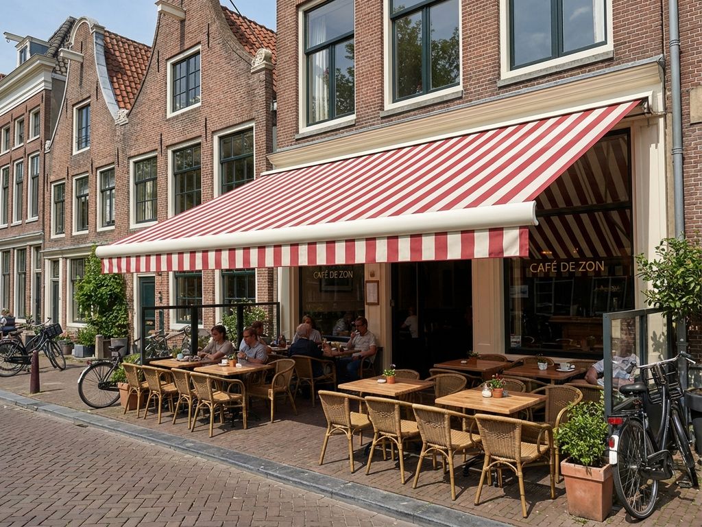 Nederlandse restaurantterras met rood-wit gestreepte markies boven tafels en stoelen, bakstenen gebouwen op achtergrond