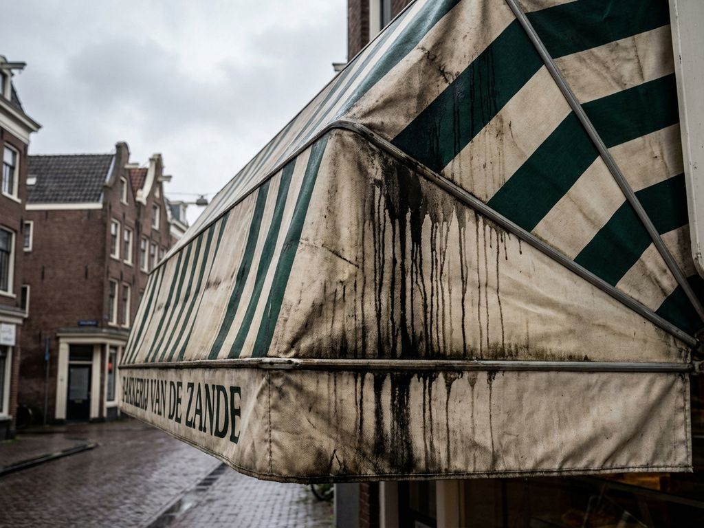 Gestreepte winkelluifel met donkere watervlekken en strepen van regenwater in Nederlandse winkelstraat