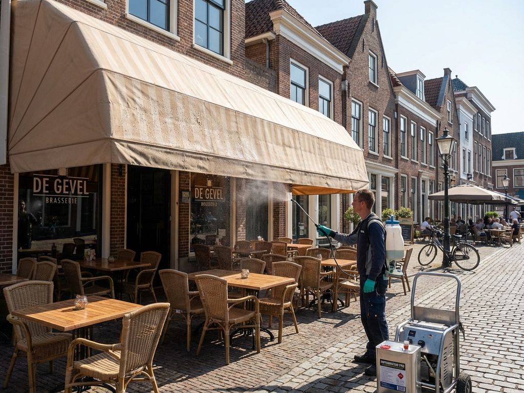 Professionele impregnering van beige zonwering op Nederlands restaurantterras met sproeiapparatuur