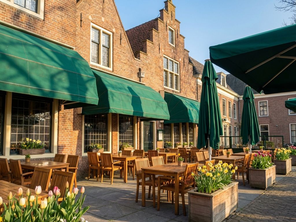 Nederlandse restaurant terras met houten tafels, groene parasols en stenen bestrating in ochtendlicht