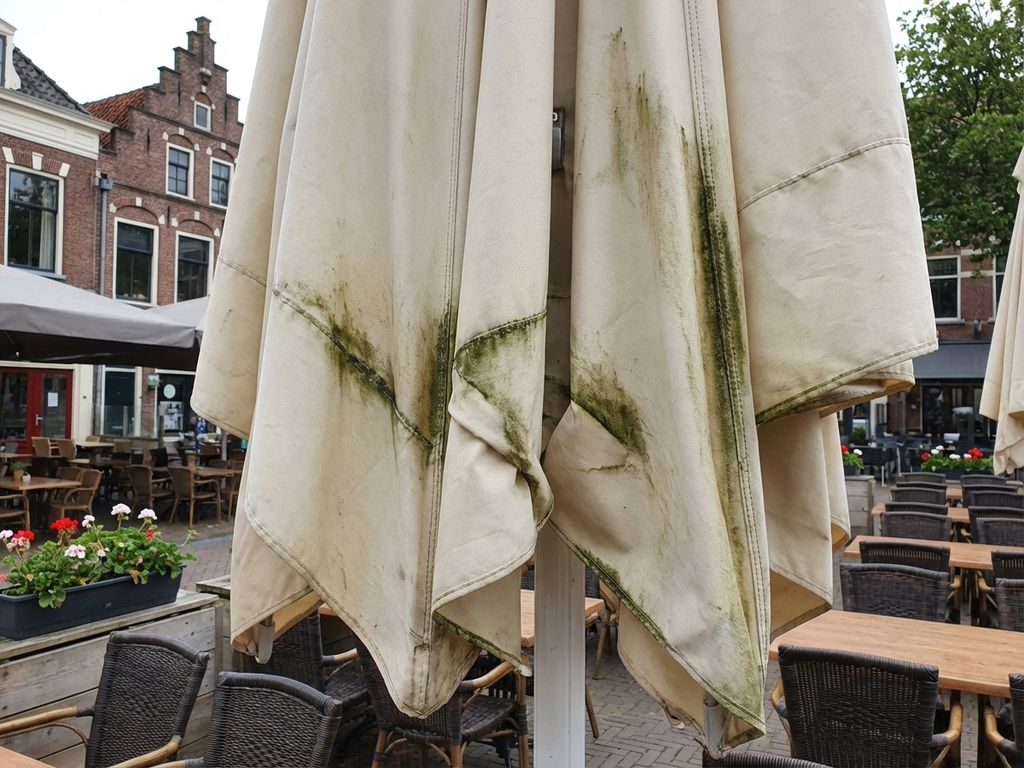 Commerciële parasol met groene algengroei op terras van Nederlands restaurant, gedeeltelijk geopend met zichtbare mosvorming