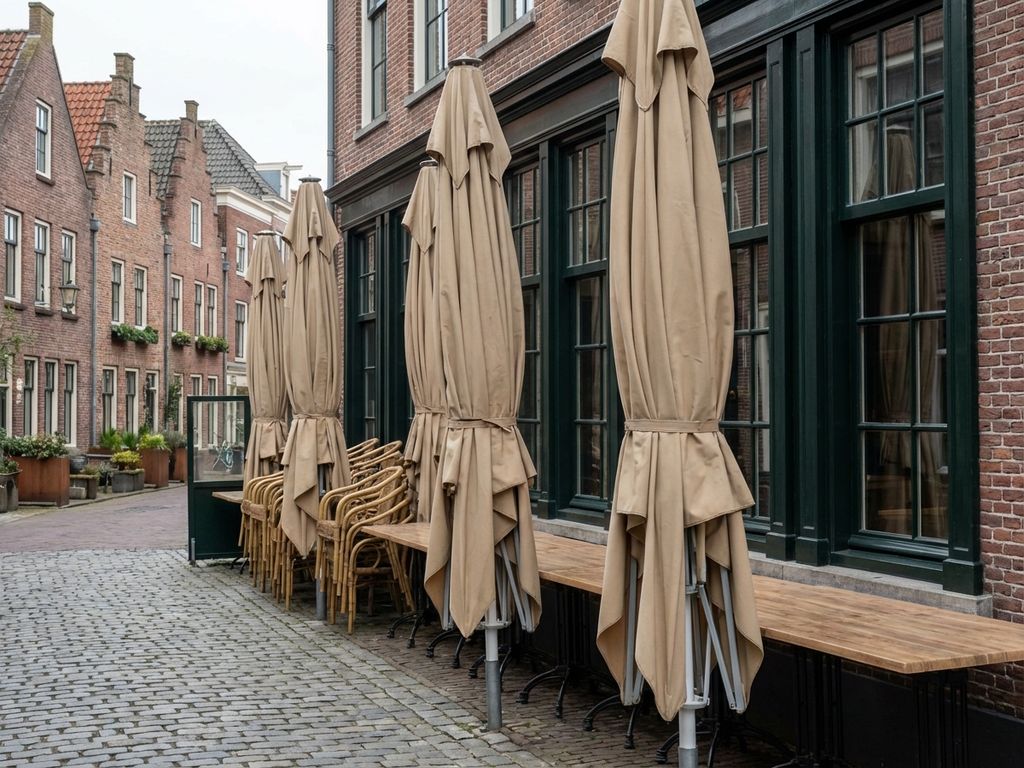 Overdekt restaurantterras in Nederland met professioneel opgeslagen parasols met beschermhoezen tussen bakstenen gebouwen