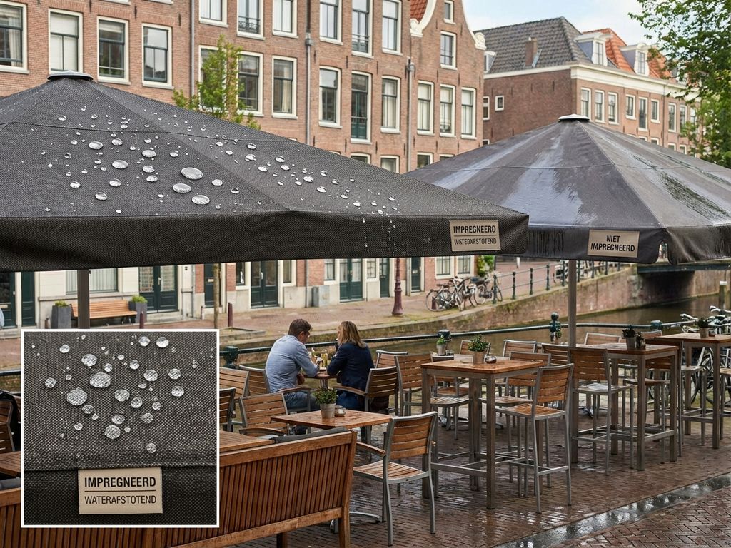 Commerciële parasols op Nederlands restaurantterras tonen waterafstotend versus doorweekend textiel effect