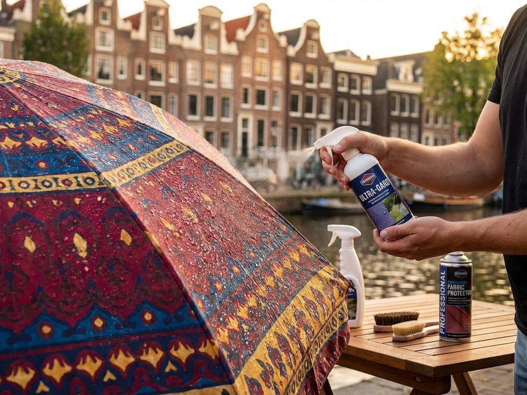 Grote parasol op Nederlands restaurantterras wordt behandeld met impregnatiespray, waterdruppels parelen af