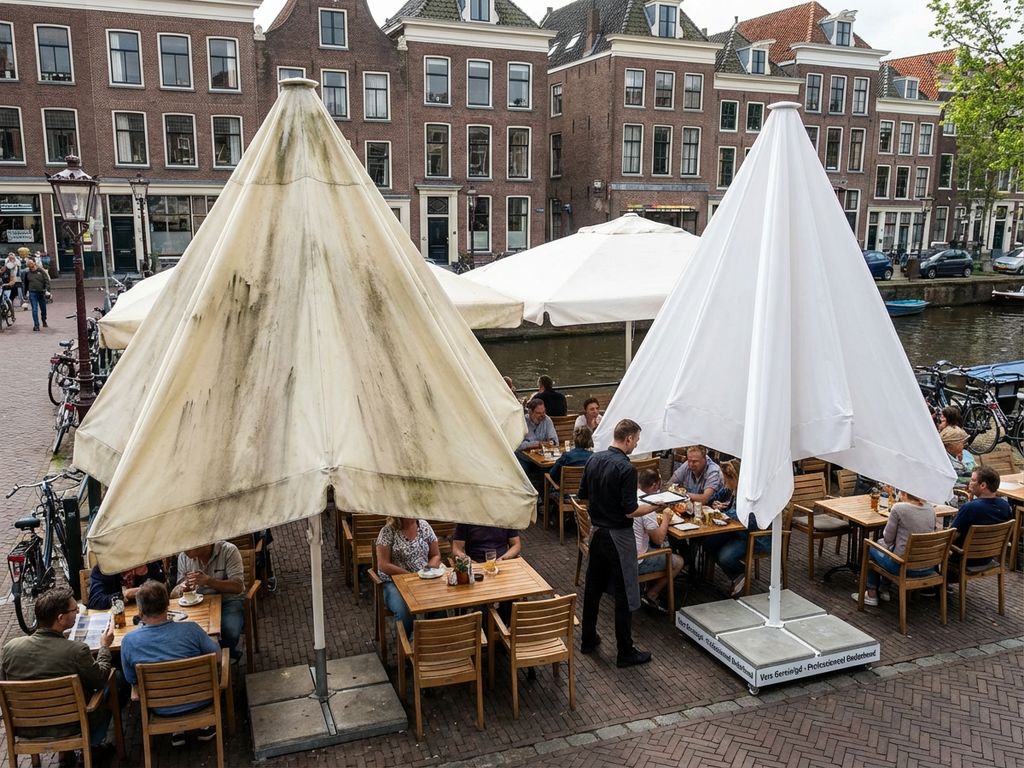 Nederlandse restaurantterras met commerciële parasols, één versleten en één schoon, toont belang van onderhoud