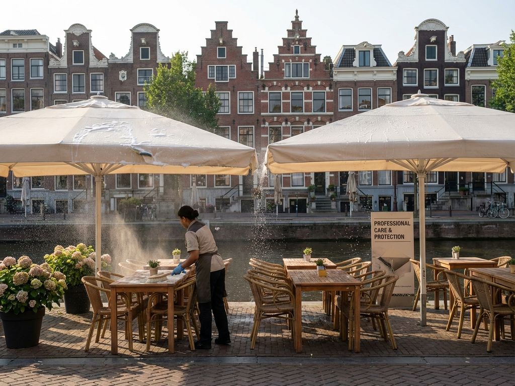 Commerciële parasols op restaurant terras tijdens reiniging en impregnering, Nederlandse architectuur op achtergrond