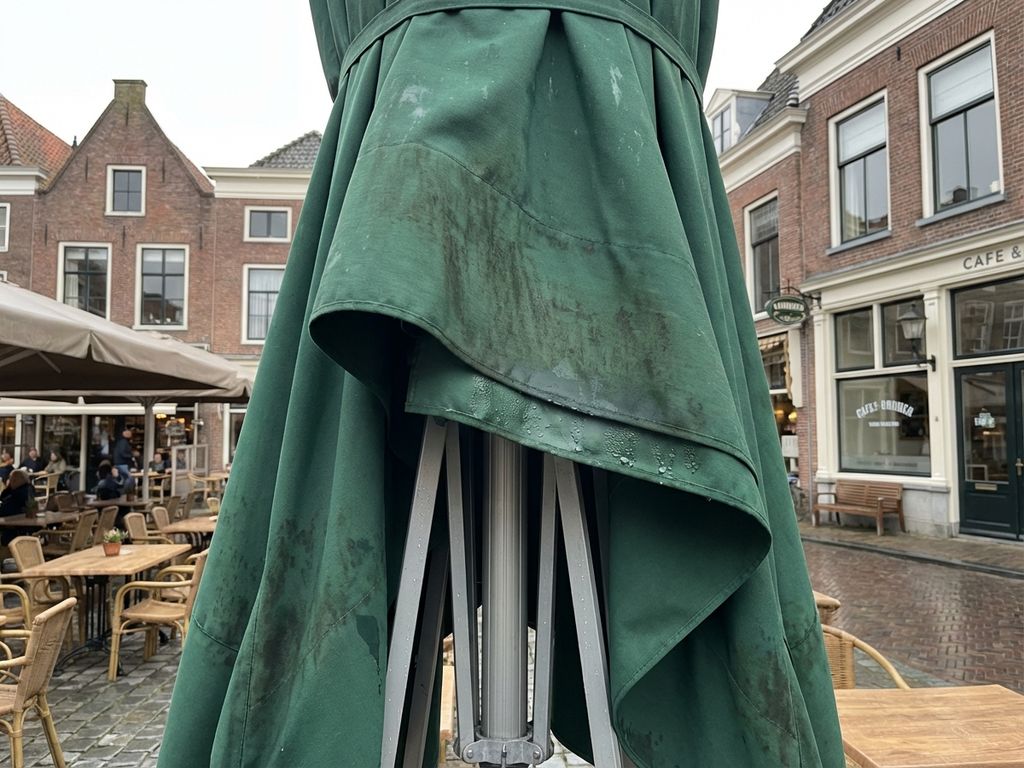 Vochtige parasol met vlekken op Nederlands restaurant terras, condensdruppels zichtbaar, bakstenen gebouwen op achtergrond