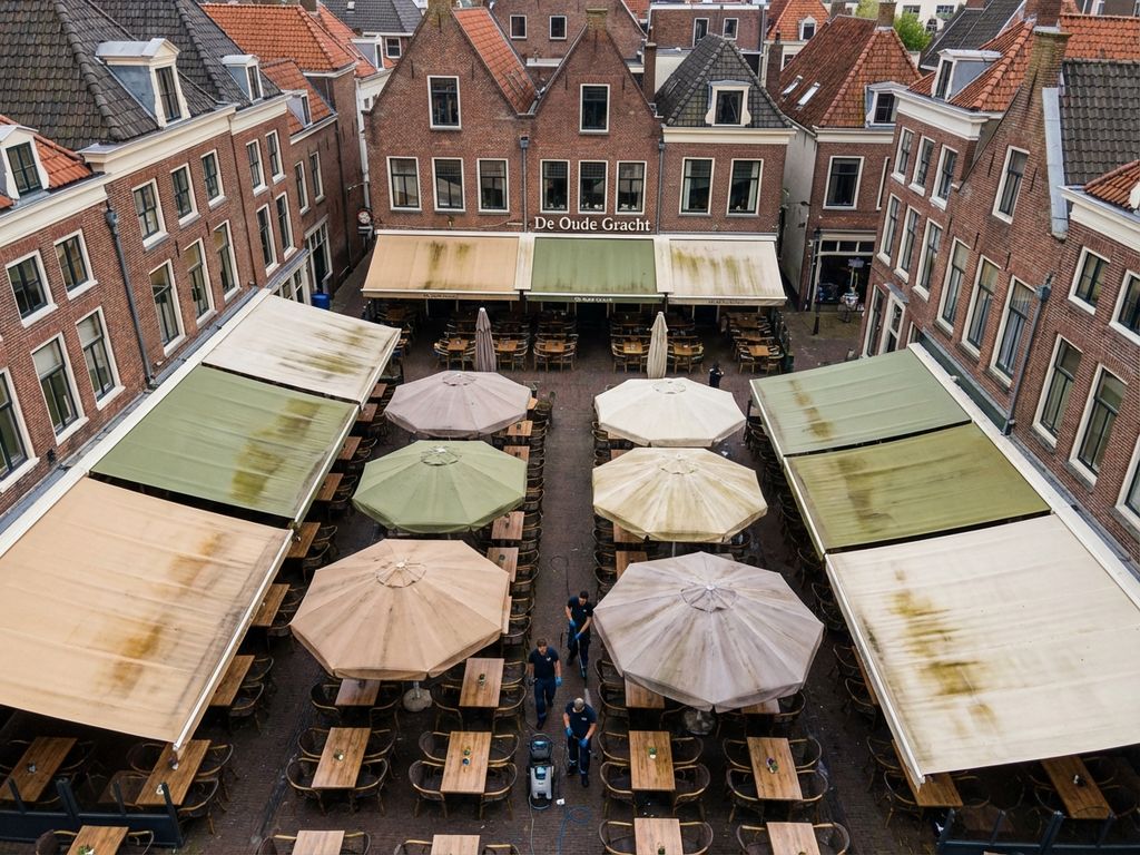 Luchtfoto van Nederlands restaurantterras met beige en groene parasols, rode bakstenen gebouwen op achtergrond