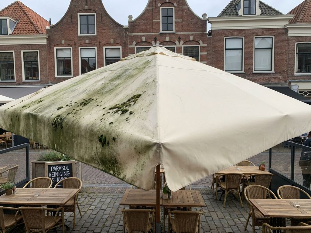 Commerciële parasol op Nederlands restaurantterras toont contrast tussen schone en met algen begroeide stof