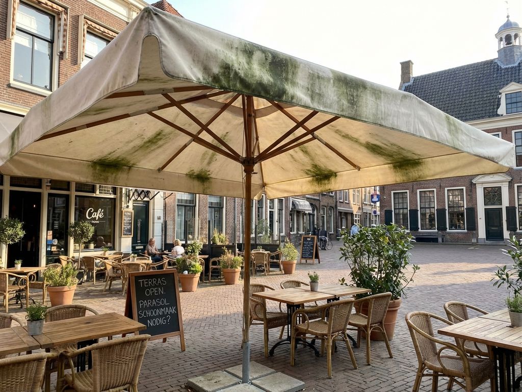 Commerciële parasol met groene algenplekken op restaurant terras met tafels en stoelen op Nederlandse patio
