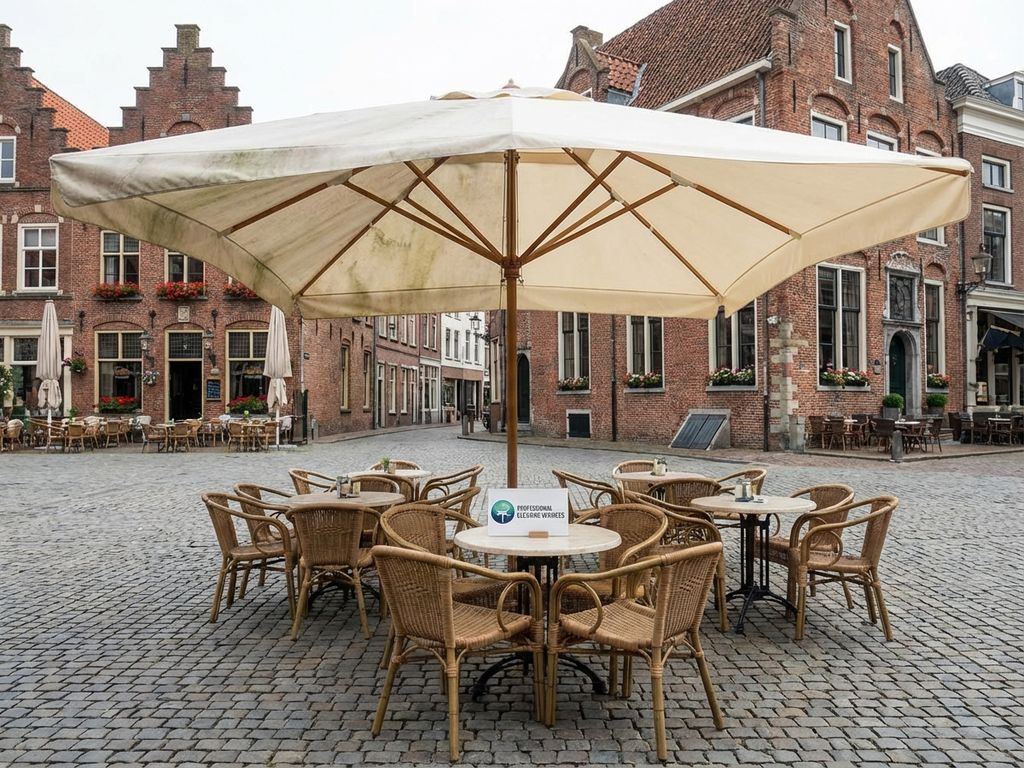 Restaurantterras met crème parasol op stenen patio, Nederlandse bakstenen gebouwen op achtergrond
