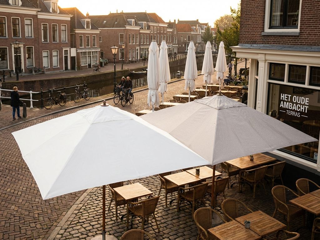 Schone witte parasols op Nederlands restaurantterras met waterafstotende behandeling, bakstenen gebouwen op achtergrond
