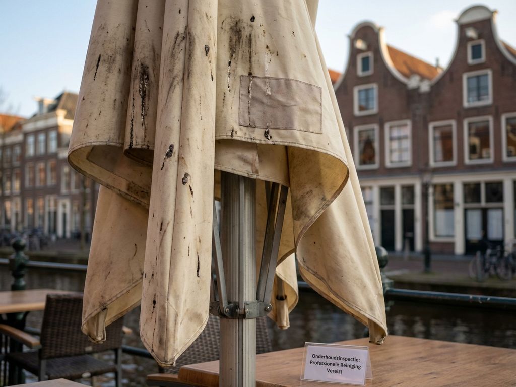 Grote commerciële parasol met vervuiling op restaurant terras, Nederlandse bakstenen gebouwen op achtergrond