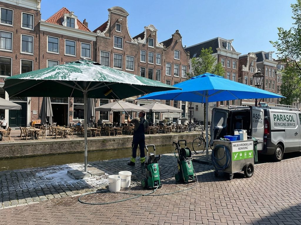Professionele parasol reiniging op Nederlands restaurant terras met schoonmaakschuim en borstels bij grachten