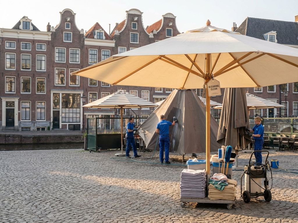 Professionele parasol reiniging op restaurant terras in Nederland met schoonmaakbenodigdheden op kasseien