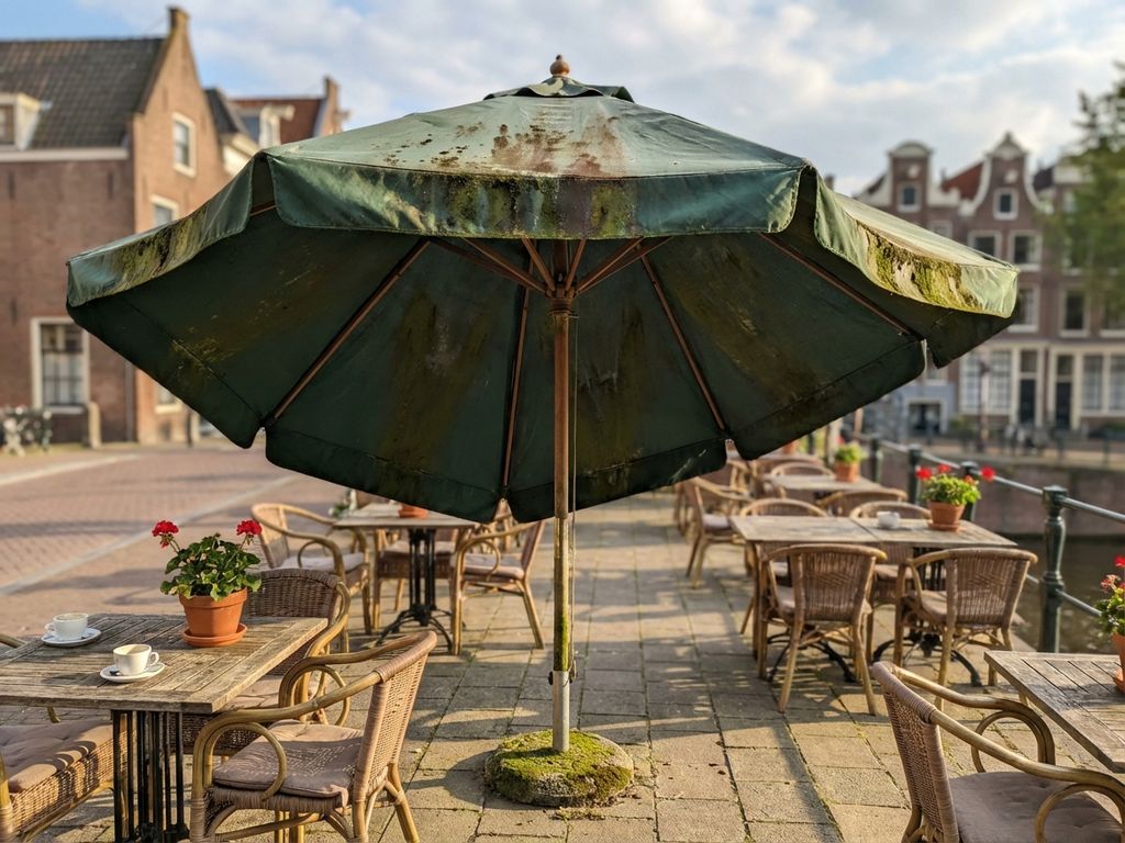 Verweerde parasol met vuilvlekken en algen op Nederlands restaurantterras met grachtenhuizen op achtergrond