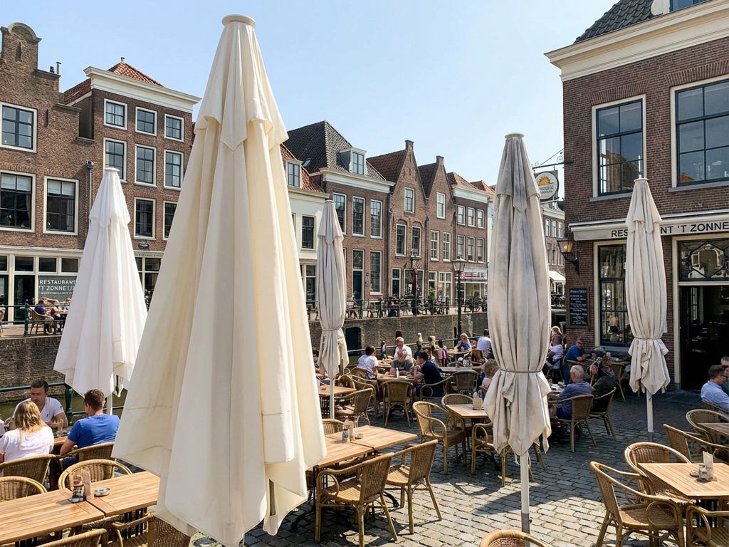 Nederlandse restaurantterras met parasols in verschillende staat van onderhoud tegen karakteristieke bakstenen gebouwen