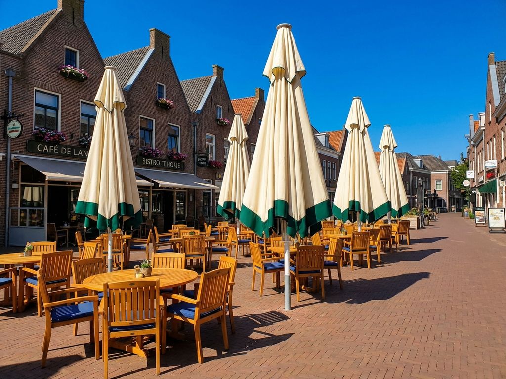 Schoon restaurant terras met grote parasols in perfecte staat, houten meubilair en Nederlandse architectuur op achtergrond