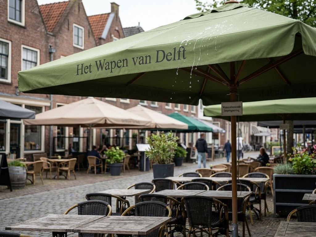 Waterafstotende parasol met waterdruppels op terras van Nederlands restaurant, beige en groene tinten