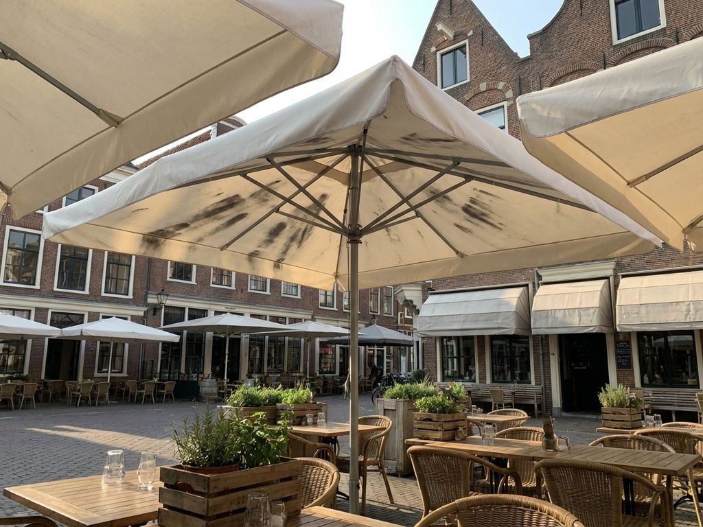 Restaurant terras in Nederland met parasols, waarvan één met zichtbare zonnecrème vlekken op het doek