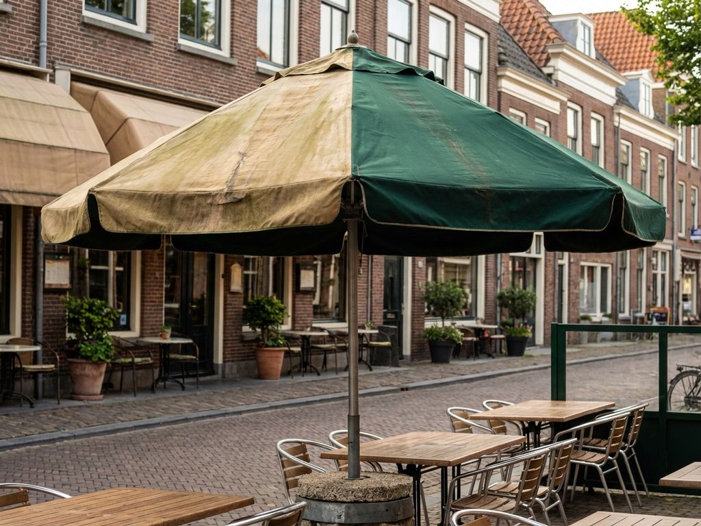 Grote parasol op Nederlands restaurantterras toont helft verbleekte, helft originele kleur door zonschade