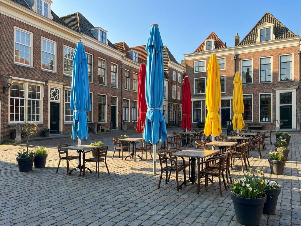 Schoon restaurant terras met kleurrijke parasols en lege tafels in ochtendlicht, Nederlandse architectuur op achtergrond