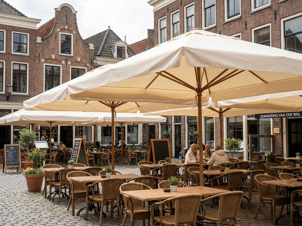 Nederlandse restaurantterras met neutrale parasols boven houten tafels en stoelen, bakstenen gebouwen op achtergrond