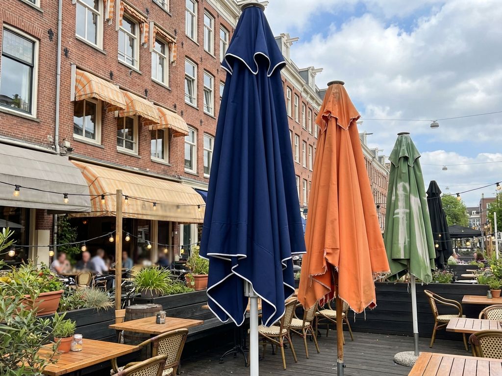 Commerciële parasols op Nederlands restaurantterras, sommige nieuw en levendig, andere licht verweerd op houten vlonder