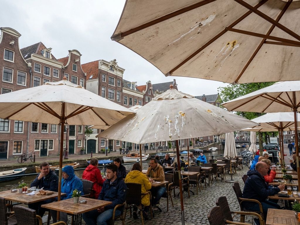 Commerciële parasols met vogelpoepvlekken op restaurantterras in Nederlandse stad met grachtenhuizen op achtergrond