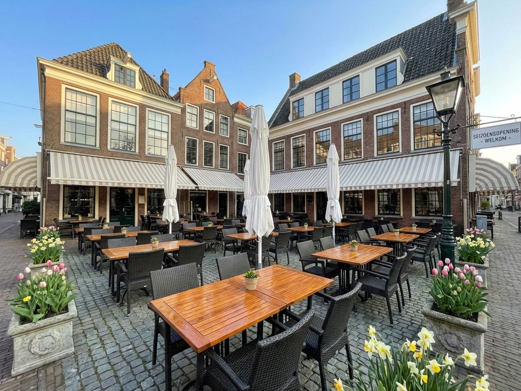 Nederlandse restaurantterras in de lente met witte parasols, schone tafels en traditionele bakstenen architectuur
