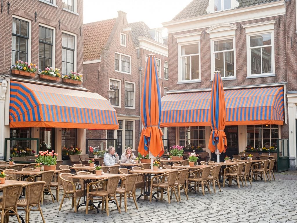 Nederlands restaurant terras met kleurrijke parasols en schone buitenmeubels tussen traditionele bakstenen gebouwen
