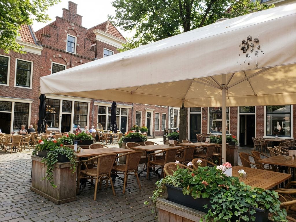 Nederlands restaurant terras met rode bakstenen, witte luifel met vogelpoep, kasseien en houten stoelen