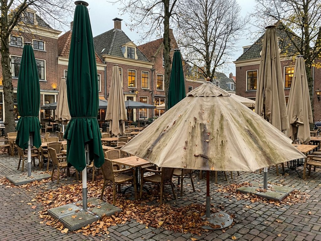 Nederlandse restaurantterras in de herfst met parasols in verschillende staat van onderhoud tussen gevallen bladeren