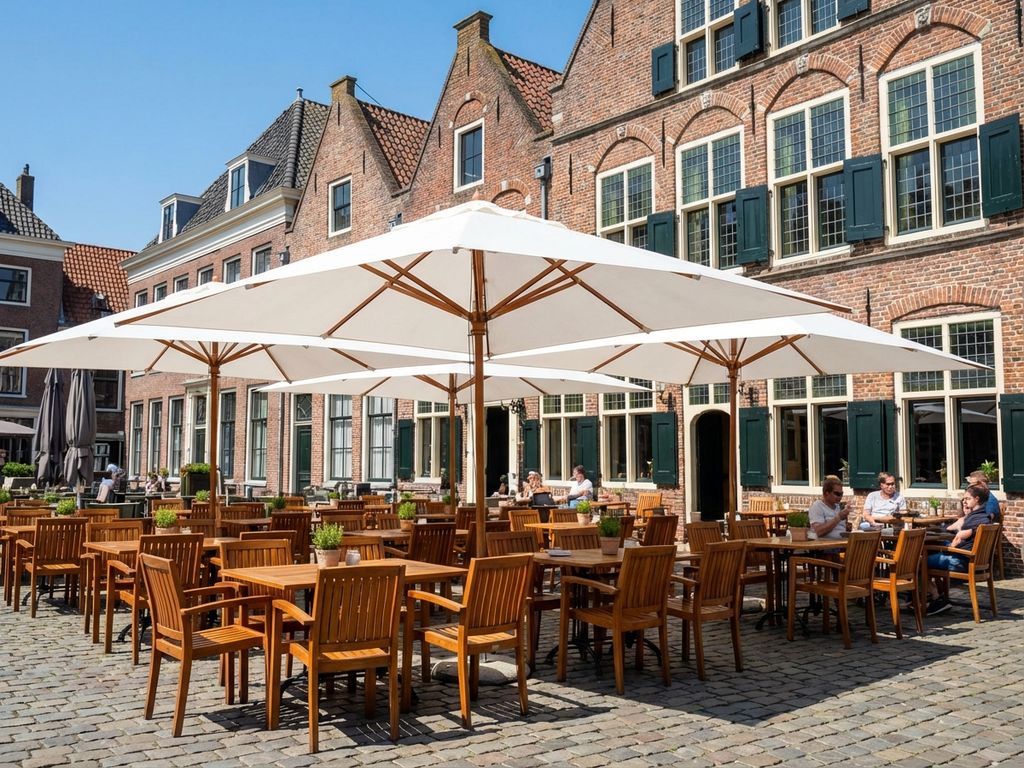 Schoon restaurant terras in Nederland met witte parasols boven houten tafels, traditionele bakstenen gebouwen op achtergrond