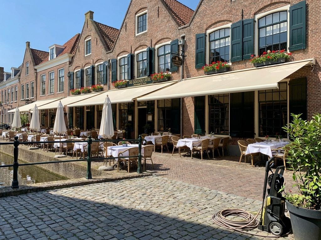 Schoon Nederlands restaurantterras met parasols, buitenmeubilair en bakstenen gebouwen op zonnige dag