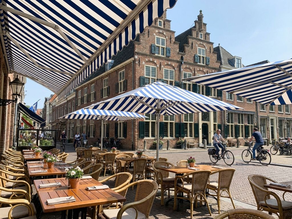 Nederlands restaurant terras met witte gestreepte luifels en elegante buitenstoelen in traditionele architectuur
