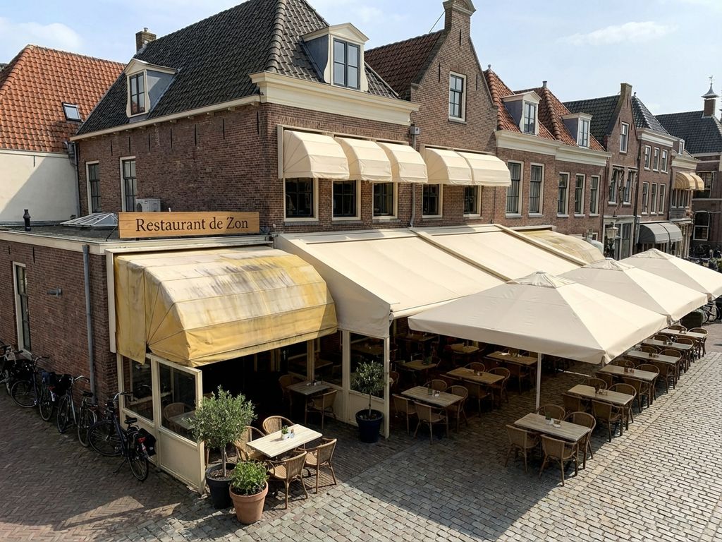 Nederlandse restaurantterras met schone luifels en parasols, enkele met lichte verwering, typische architectuur