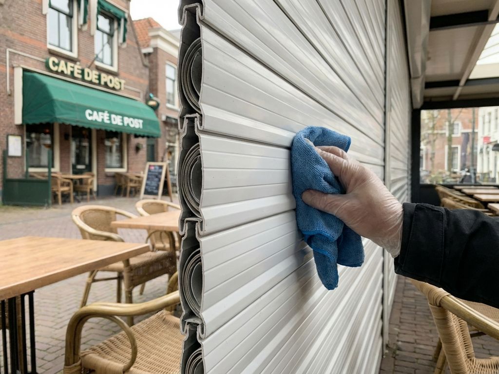 Schone witte rolluiklamellen worden afgeveegd met microvezeldoek op Nederlands restaurantterras
