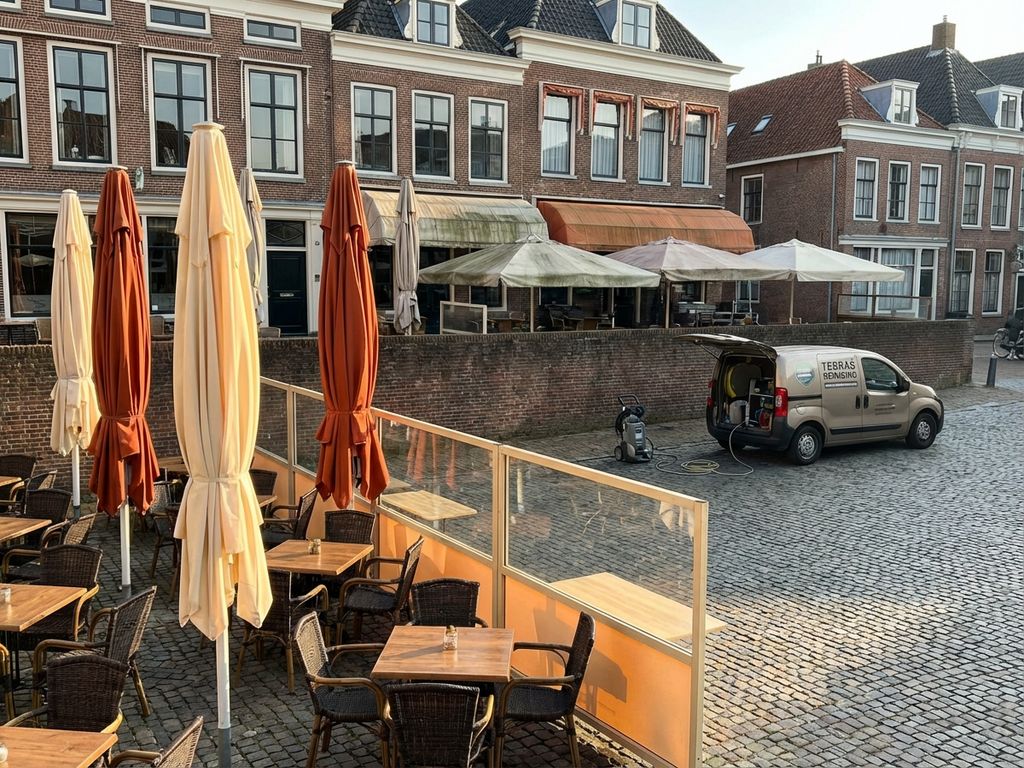 Nederlandse café terras met schone luifels op voorgrond en verweerde op achtergrond, professionele schoonmaakapparatuur zichtbaar
