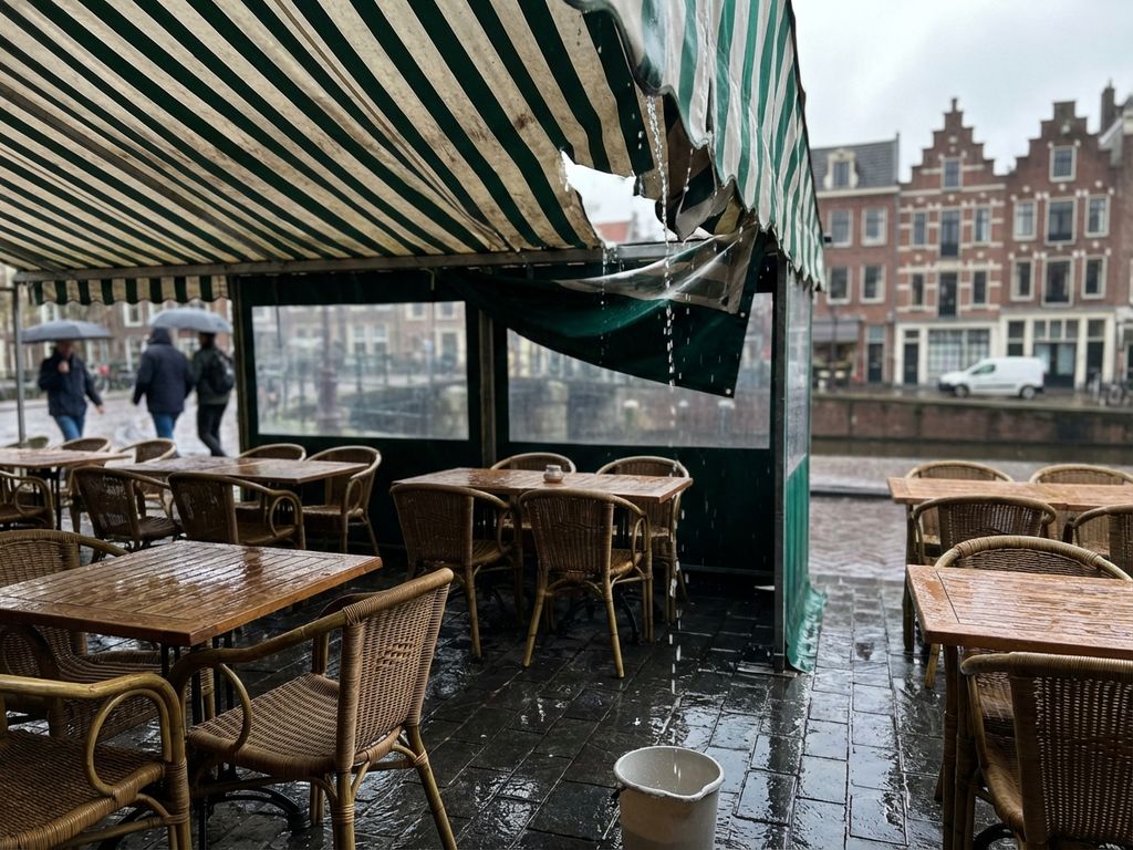 Lekkende gestreepte luifel druppelt regenwater op lege houten tafels van Nederlands restaurant terras